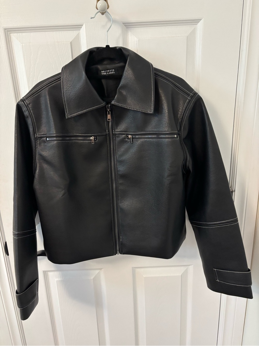 Brunette The Label Black Leather Zip-Up Jacket with Contrast Stitching